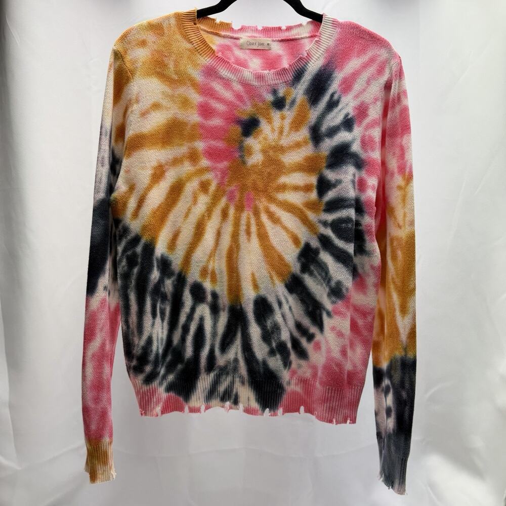 Clover Jane Tie Dye Sweater Women M Pink Mustard Black Distressed Boho Pullover